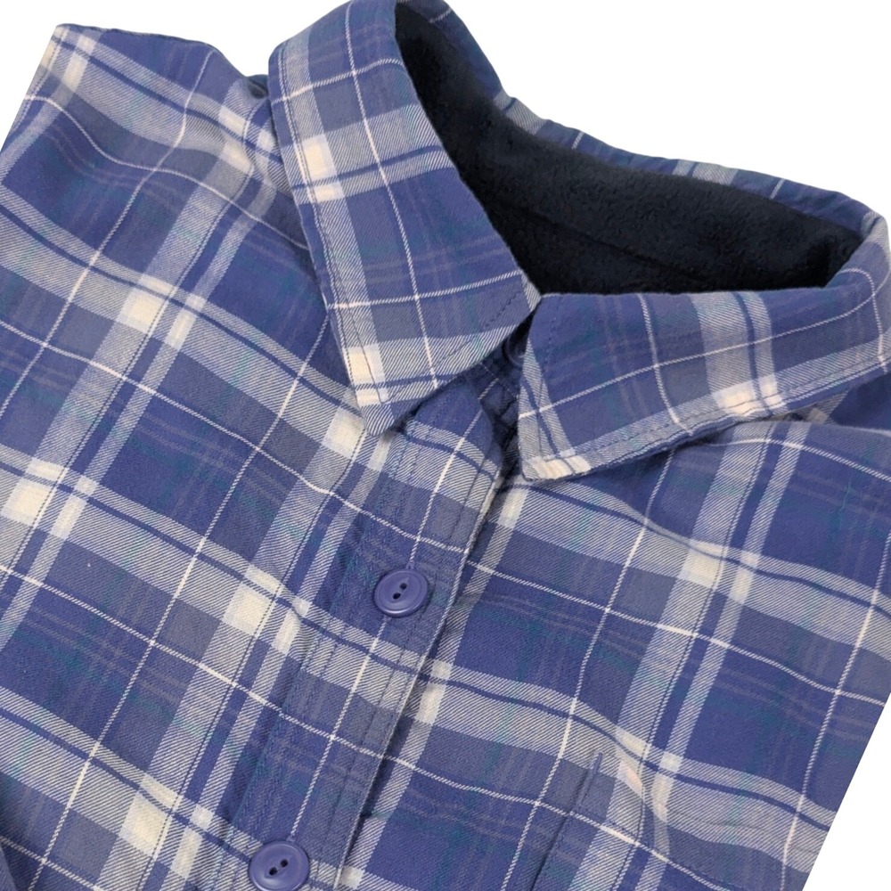 LL Bean Fleece Lined Flannel Shirt Jacket Blue White Plaid Hiking Cabincore Lge